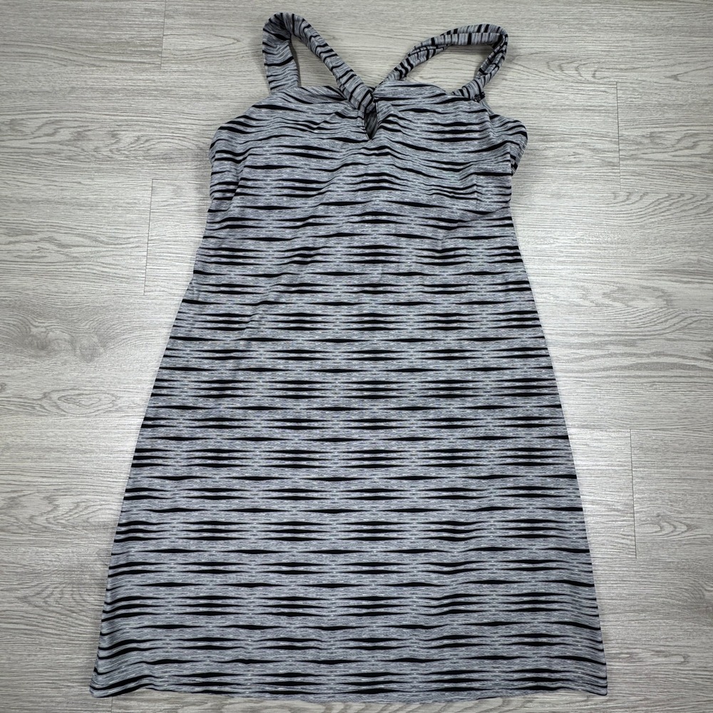 Athleta Women Dress Space Dye Striped Built In Bra Strappy Tie Back Grey Black M